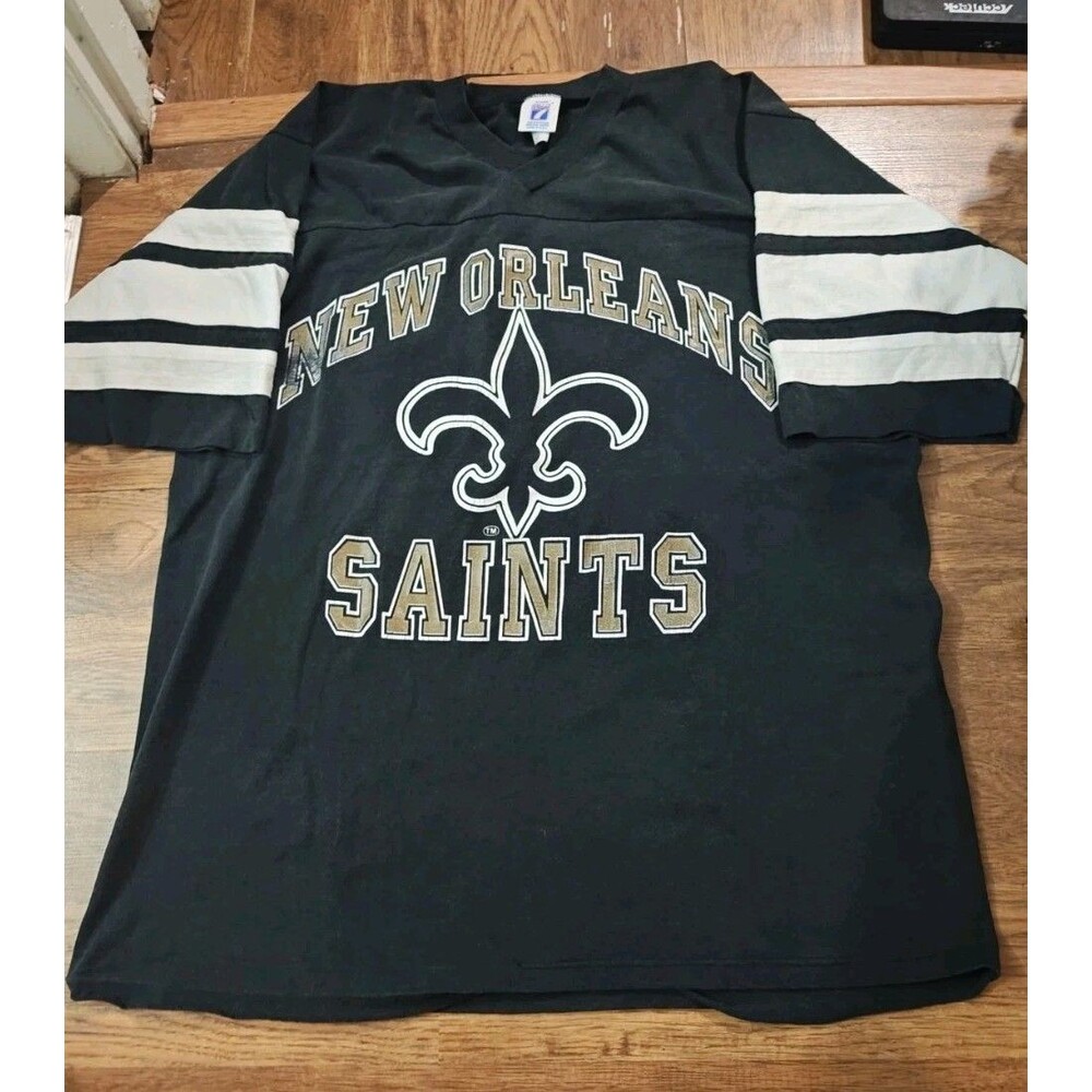 VTG 80s Logo 7 New Orleans Saints Men's XL T Shirt Striped Arms NFL Fleur De Lis
